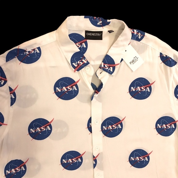 NWT NASA Chemistry white button down shirt LG short sleeve all over print logo - Picture 9 of 9